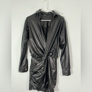 Fashion Nova Black Pleather Mini Dress. Deep V-Neck Long Sleeves. Size Small.